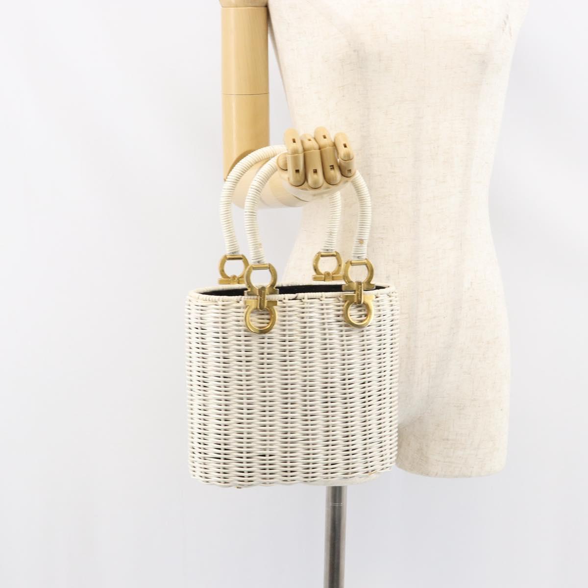 Salvatore Ferragamo Gancini Hand Bag Rattan White Gold Auth BA8212