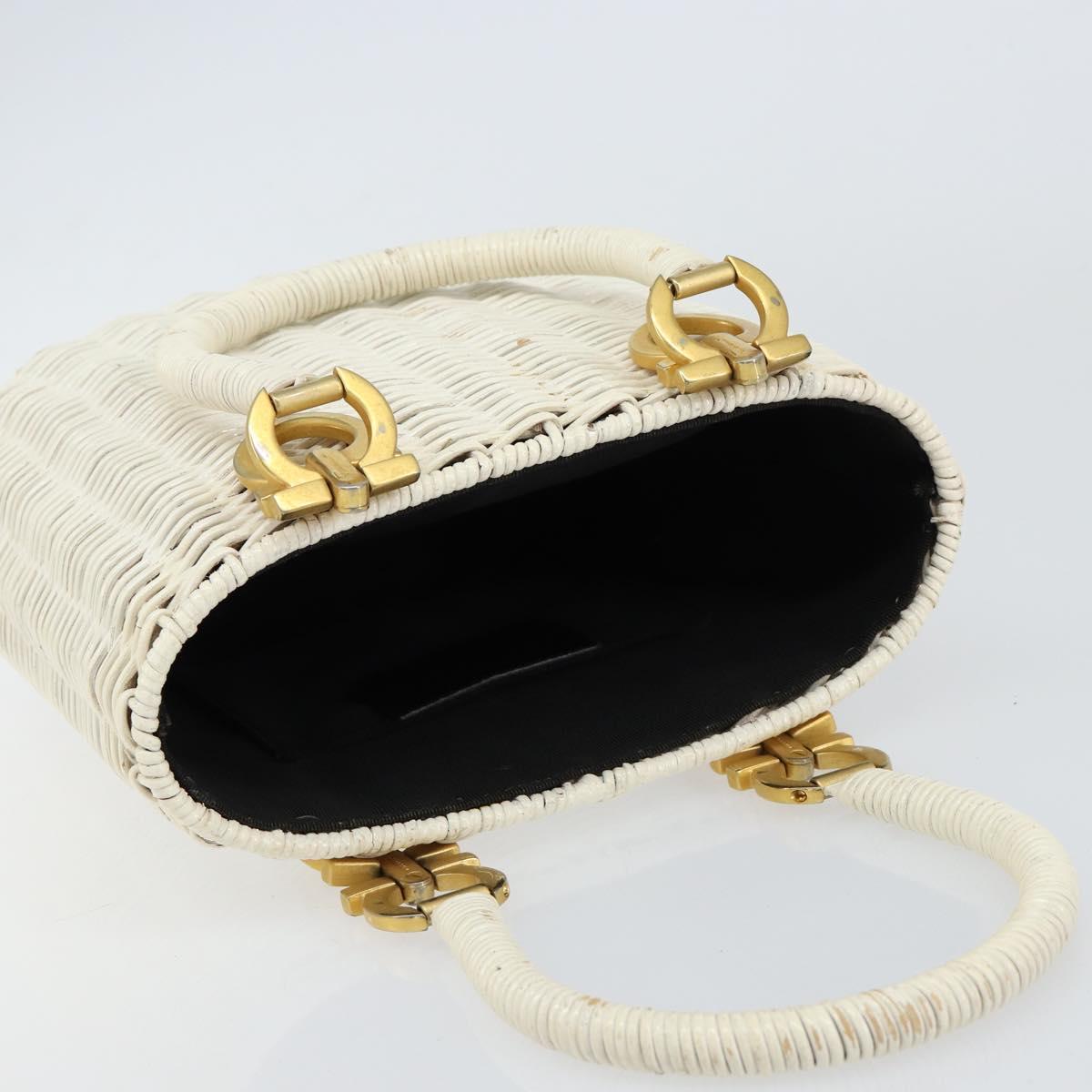 Salvatore Ferragamo Gancini Hand Bag Rattan White Gold Auth BA8212