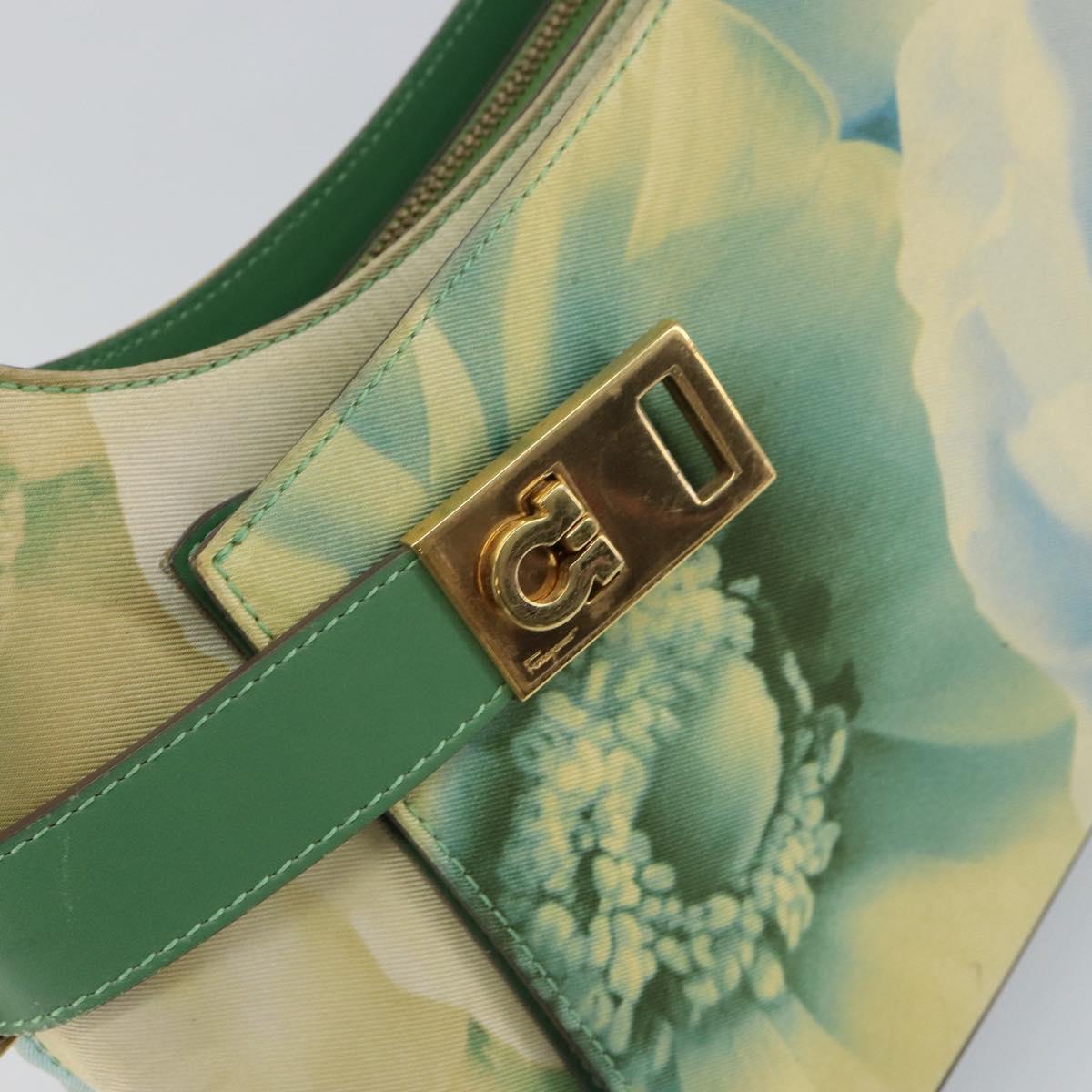 Salvatore Ferragamo Gancini Shoulder Bag Leather Canvas Green Gold Auth BA8221