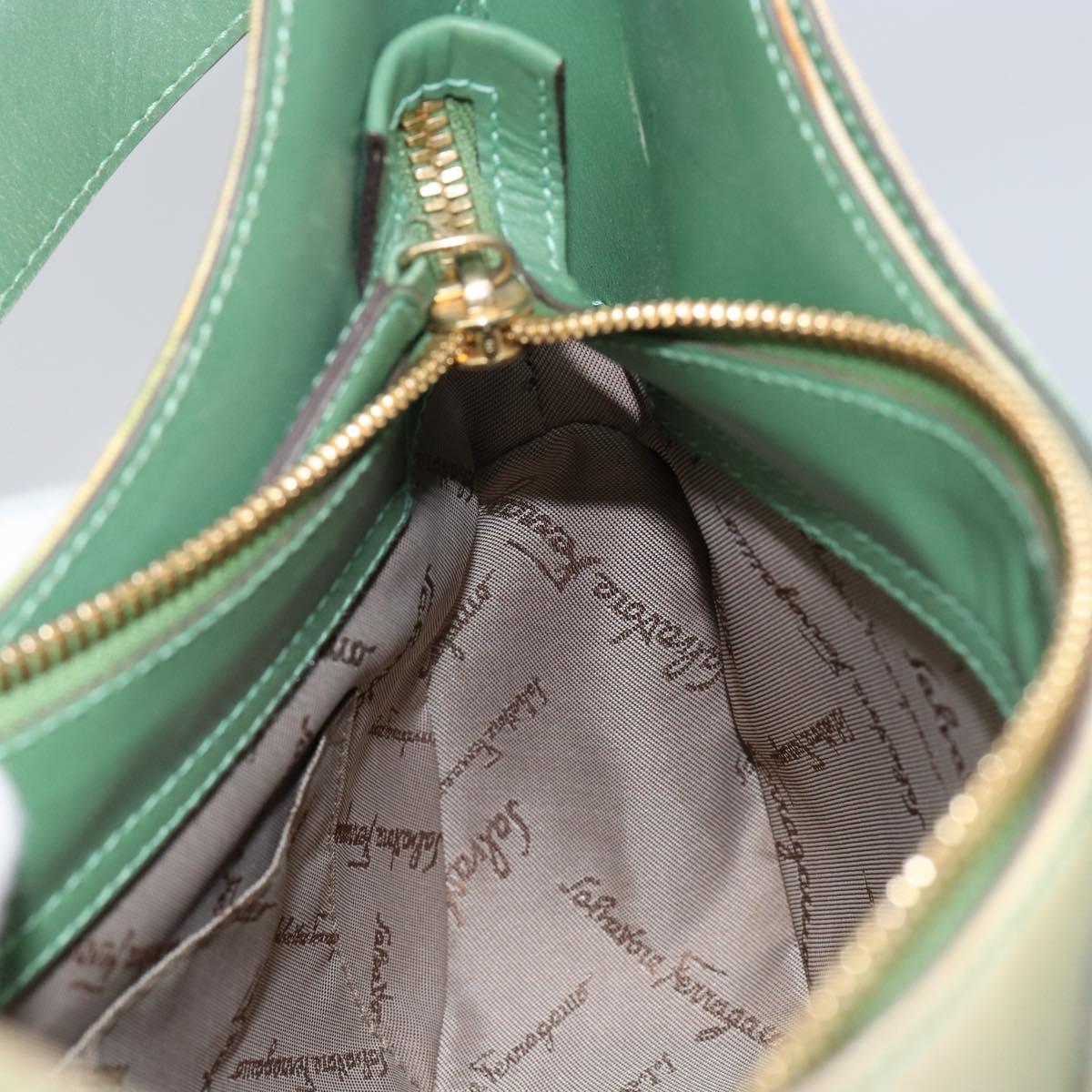 Salvatore Ferragamo Gancini Shoulder Bag Leather Canvas Green Gold Auth BA8221
