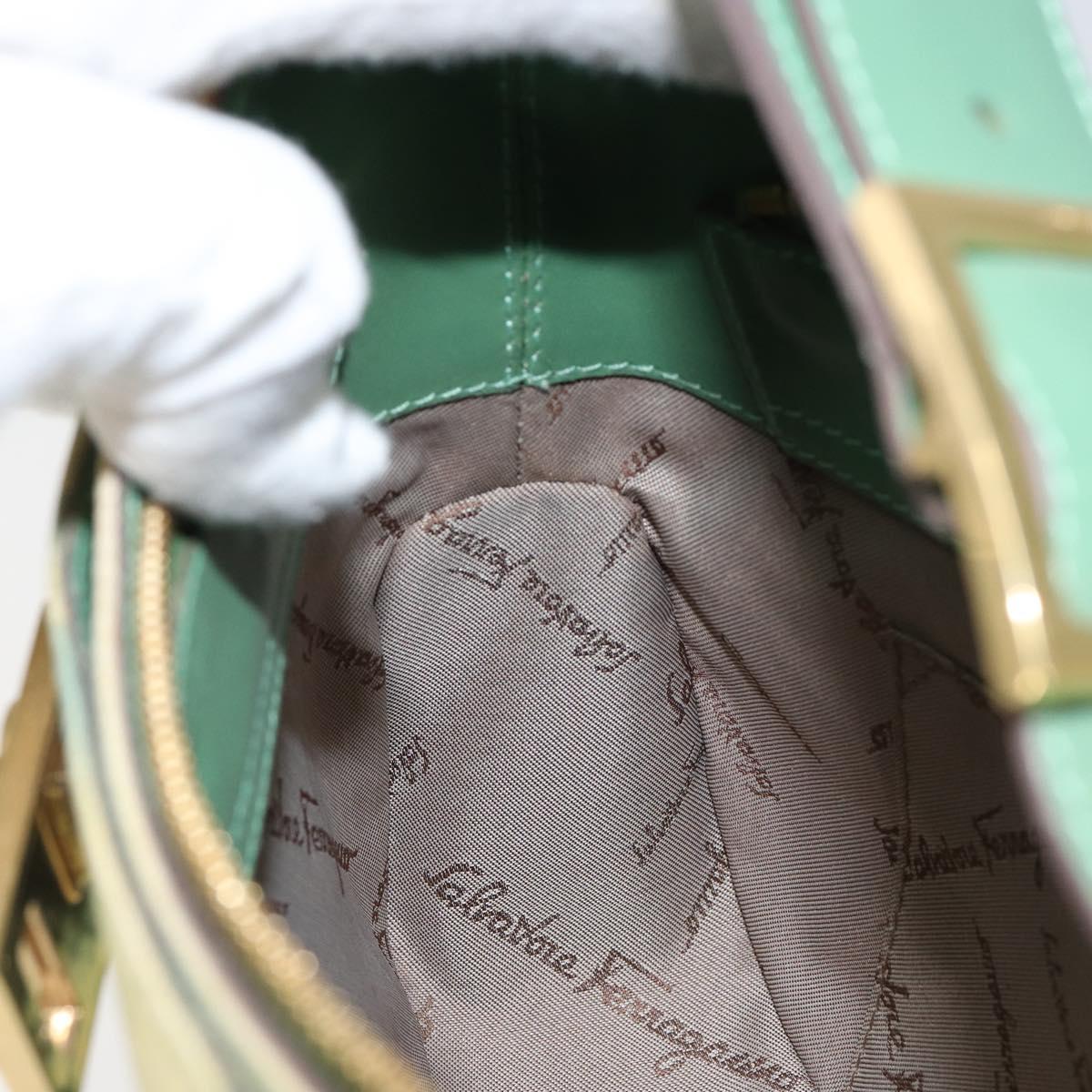 Salvatore Ferragamo Gancini Shoulder Bag Leather Canvas Green Gold Auth BA8221