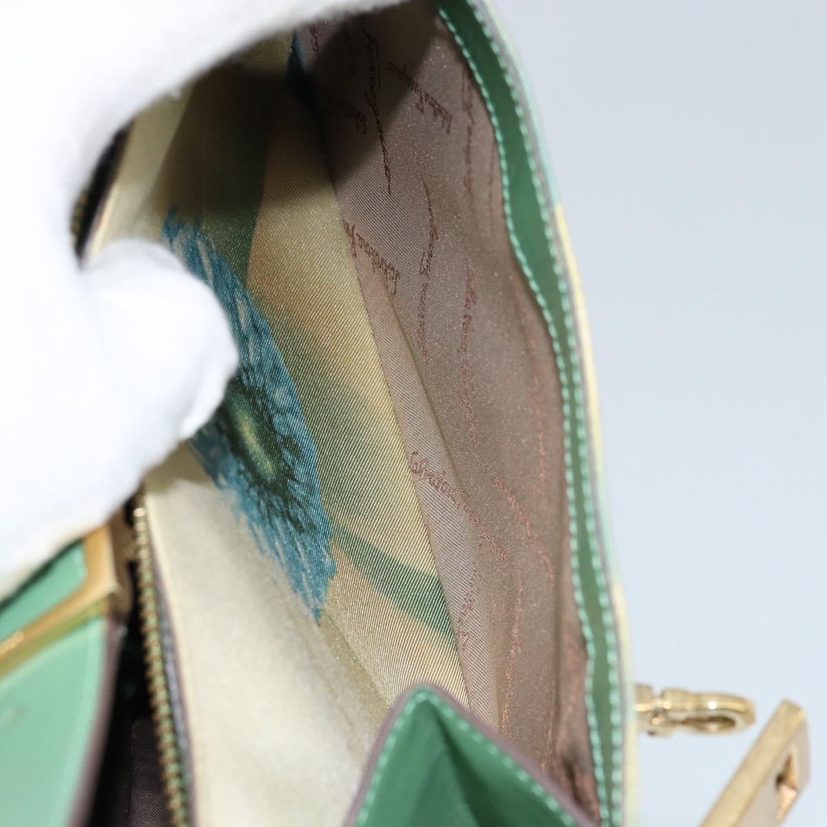 Salvatore Ferragamo Gancini Shoulder Bag Leather Canvas Green Gold Auth BA8221