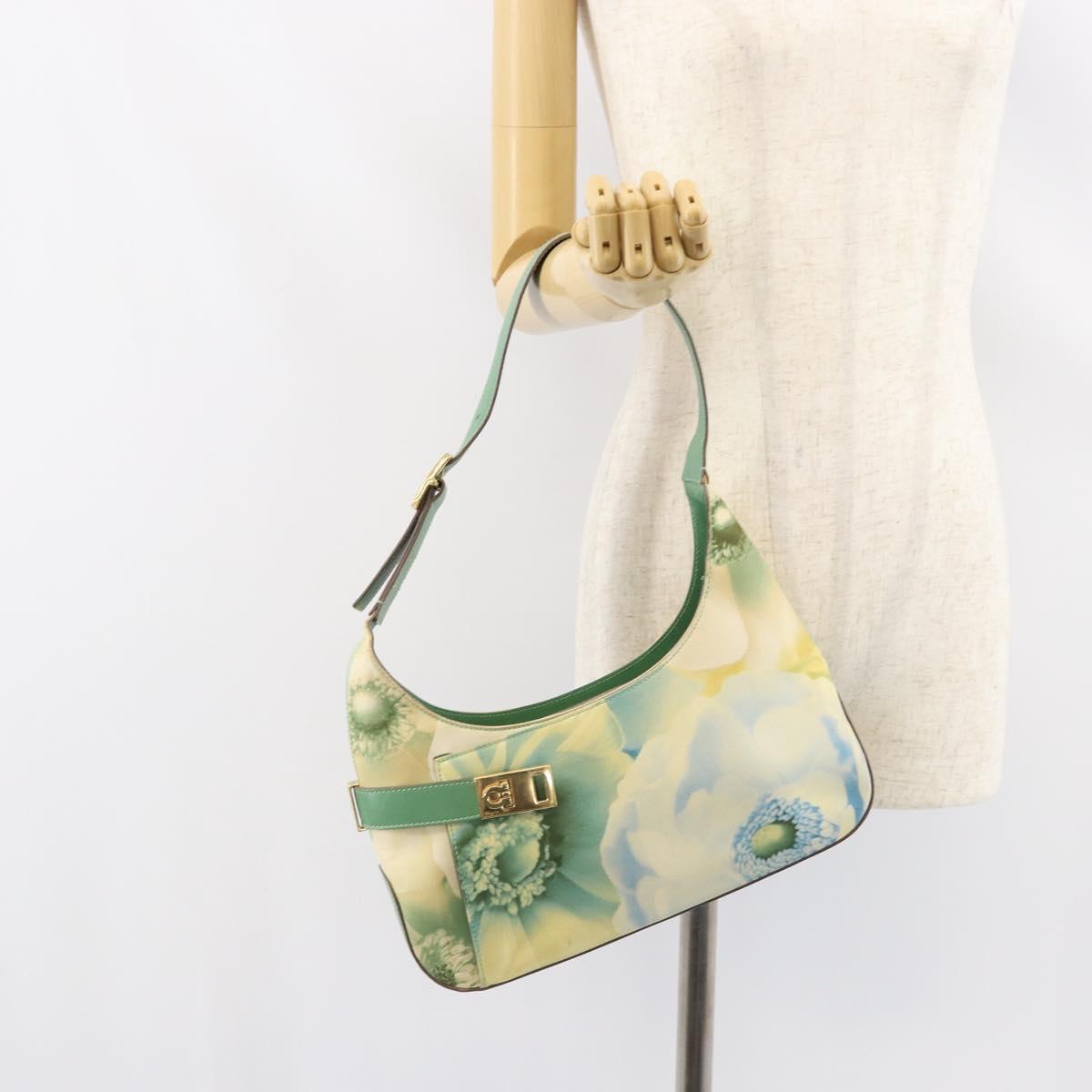 Salvatore Ferragamo Gancini Shoulder Bag Leather Canvas Green Gold Auth BA8221