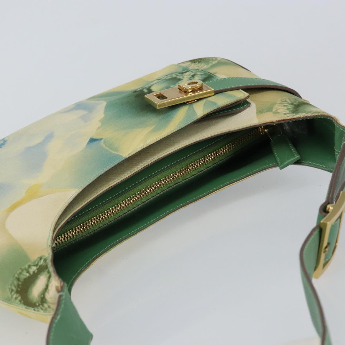 Salvatore Ferragamo Gancini Shoulder Bag Leather Canvas Green Gold Auth BA8221