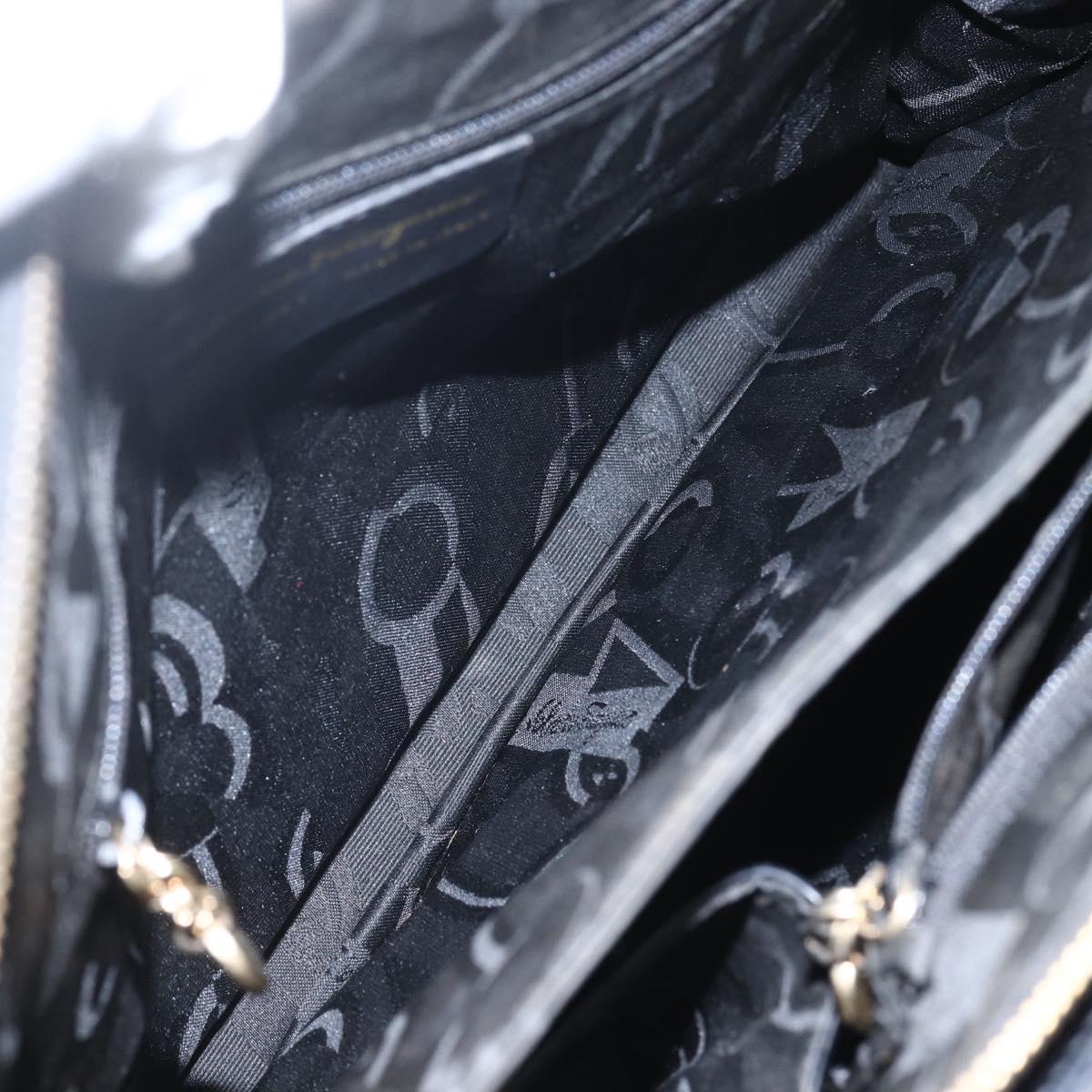 Salvatore Ferragamo Gancini Tote Bag Enamel Black Gold Auth BA8222