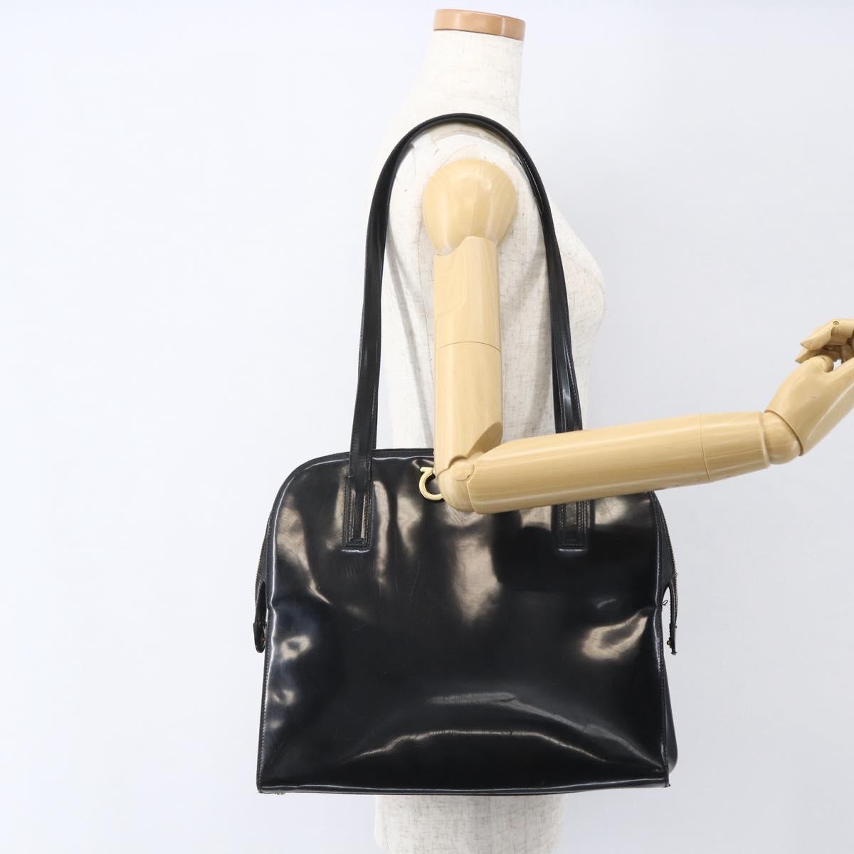 Salvatore Ferragamo Gancini Tote Bag Enamel Black Gold Auth BA8222