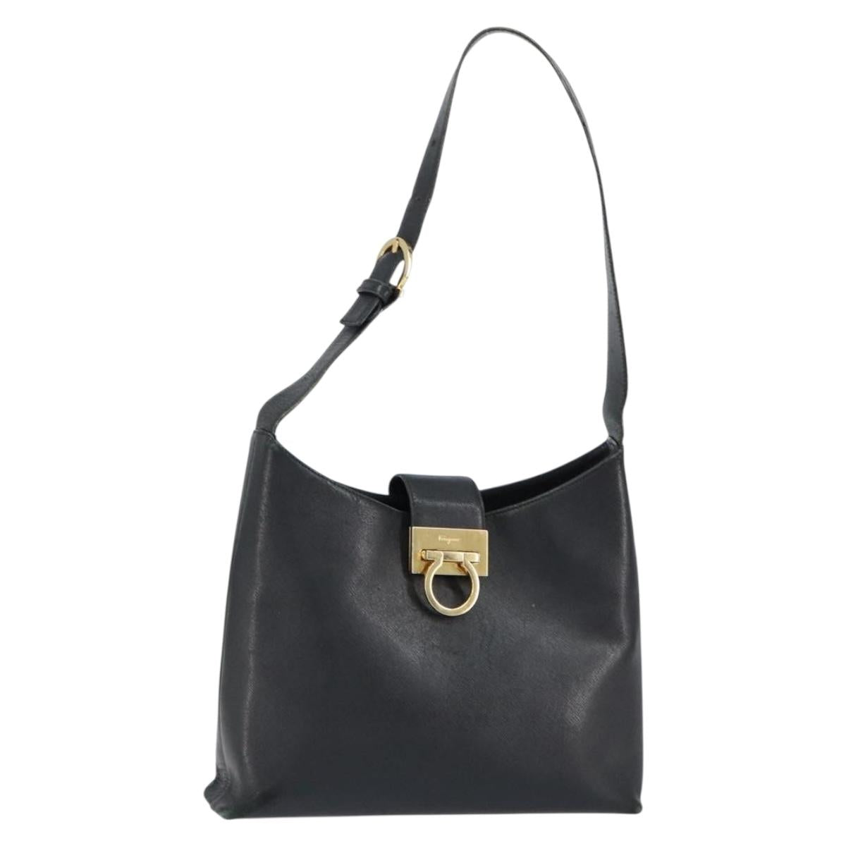 Salvatore Ferragamo Gancini Shoulder Bag Leather Black Gold Auth BA8226