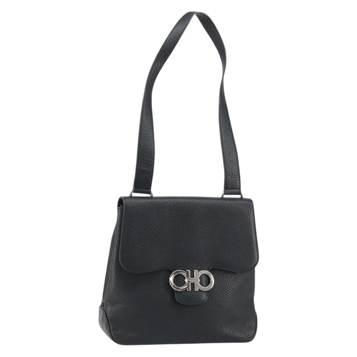 Salvatore Ferragamo Gancini Shoulder Bag Leather Black Silver Auth BA8229