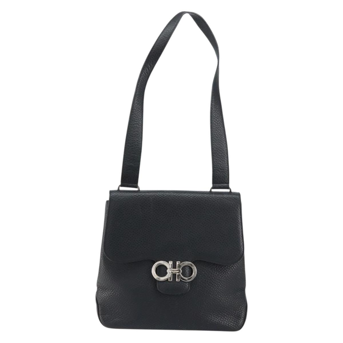 Salvatore Ferragamo Gancini Shoulder Bag Leather Black Silver Auth BA8229