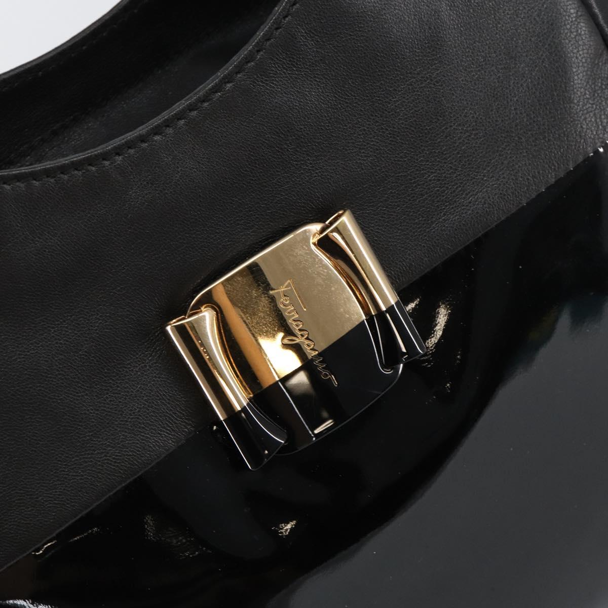 Salvatore Ferragamo Vala Tote Bag Enamel Leather Black Gold Auth BA8230