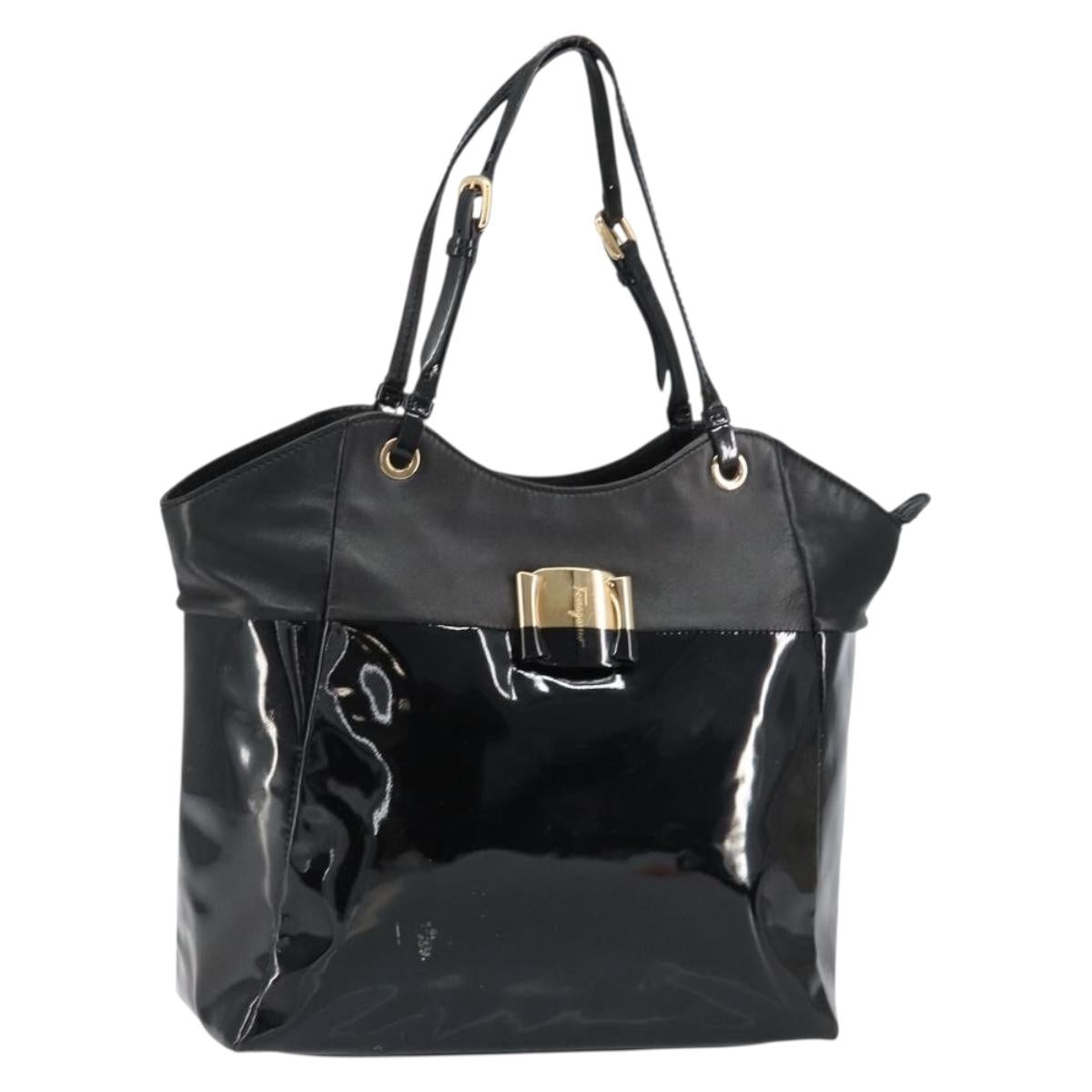 Salvatore Ferragamo Vala Tote Bag Enamel Leather Black Gold Auth BA8230