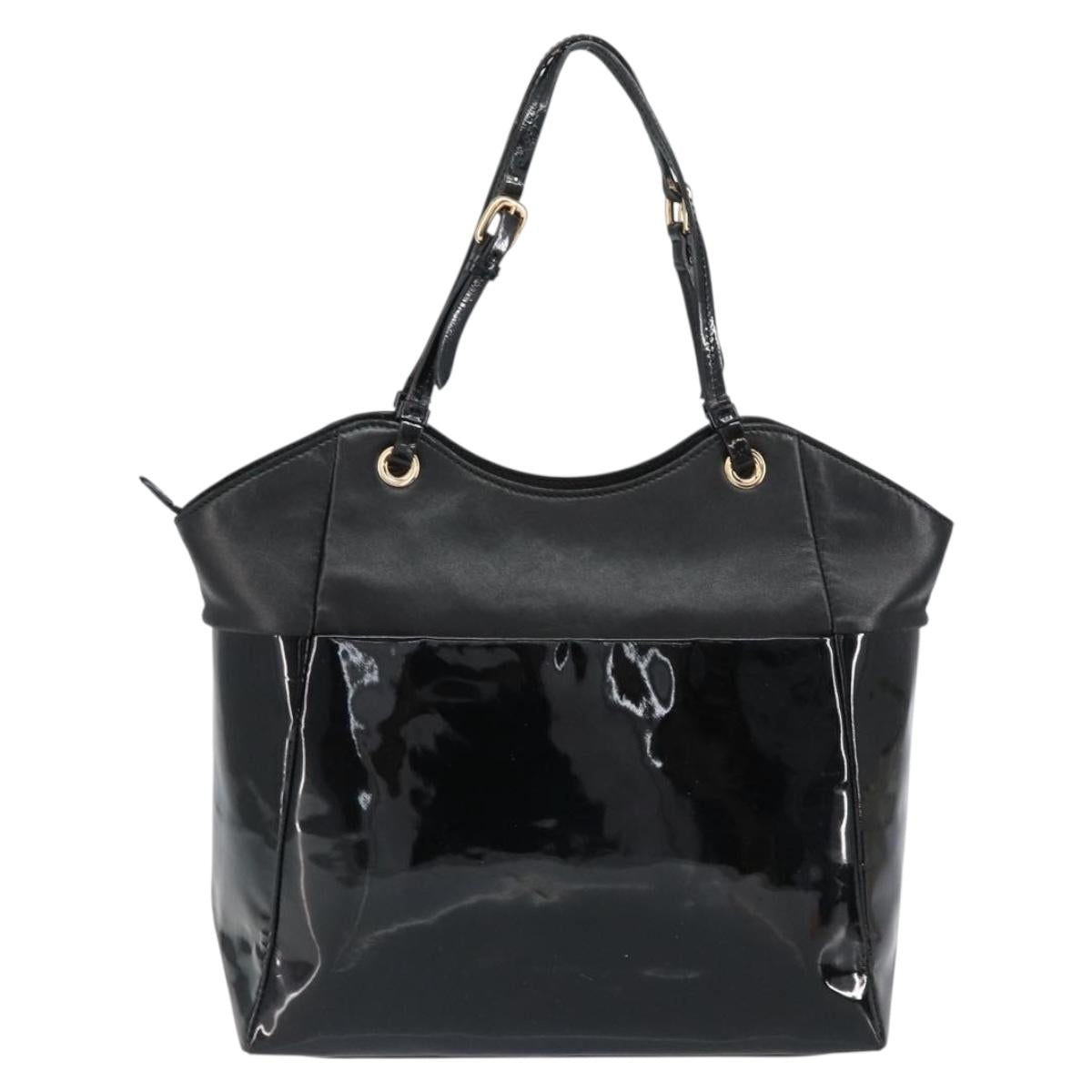 Salvatore Ferragamo Vala Tote Bag Enamel Leather Black Gold Auth BA8230