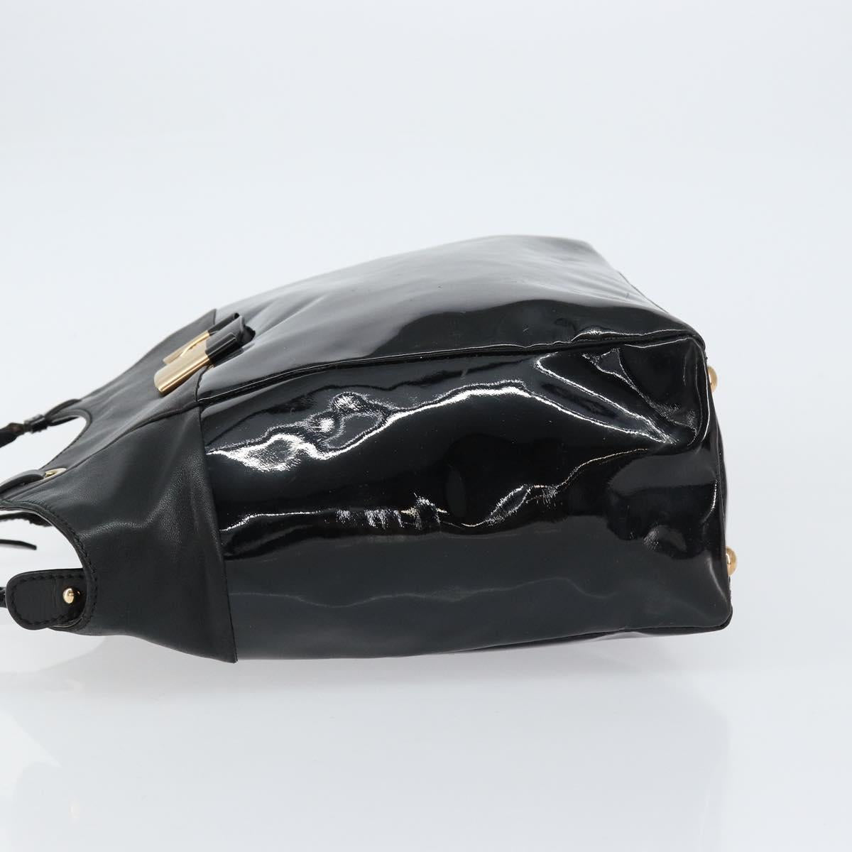 Salvatore Ferragamo Vala Tote Bag Enamel Leather Black Gold Auth BA8230