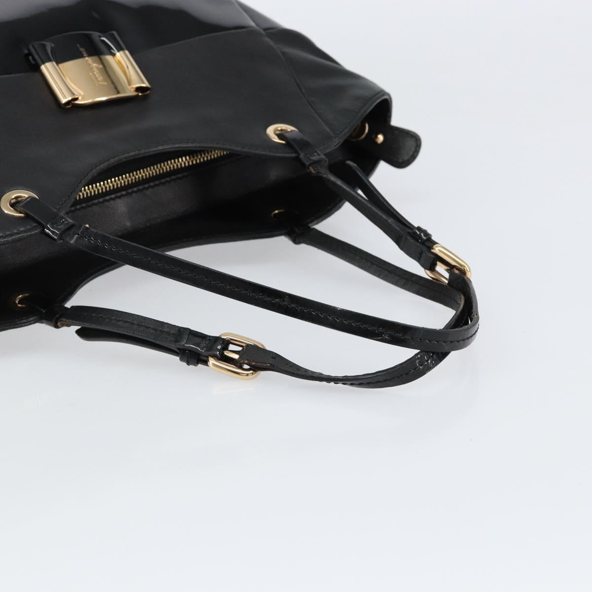 Salvatore Ferragamo Vala Tote Bag Enamel Leather Black Gold Auth BA8230