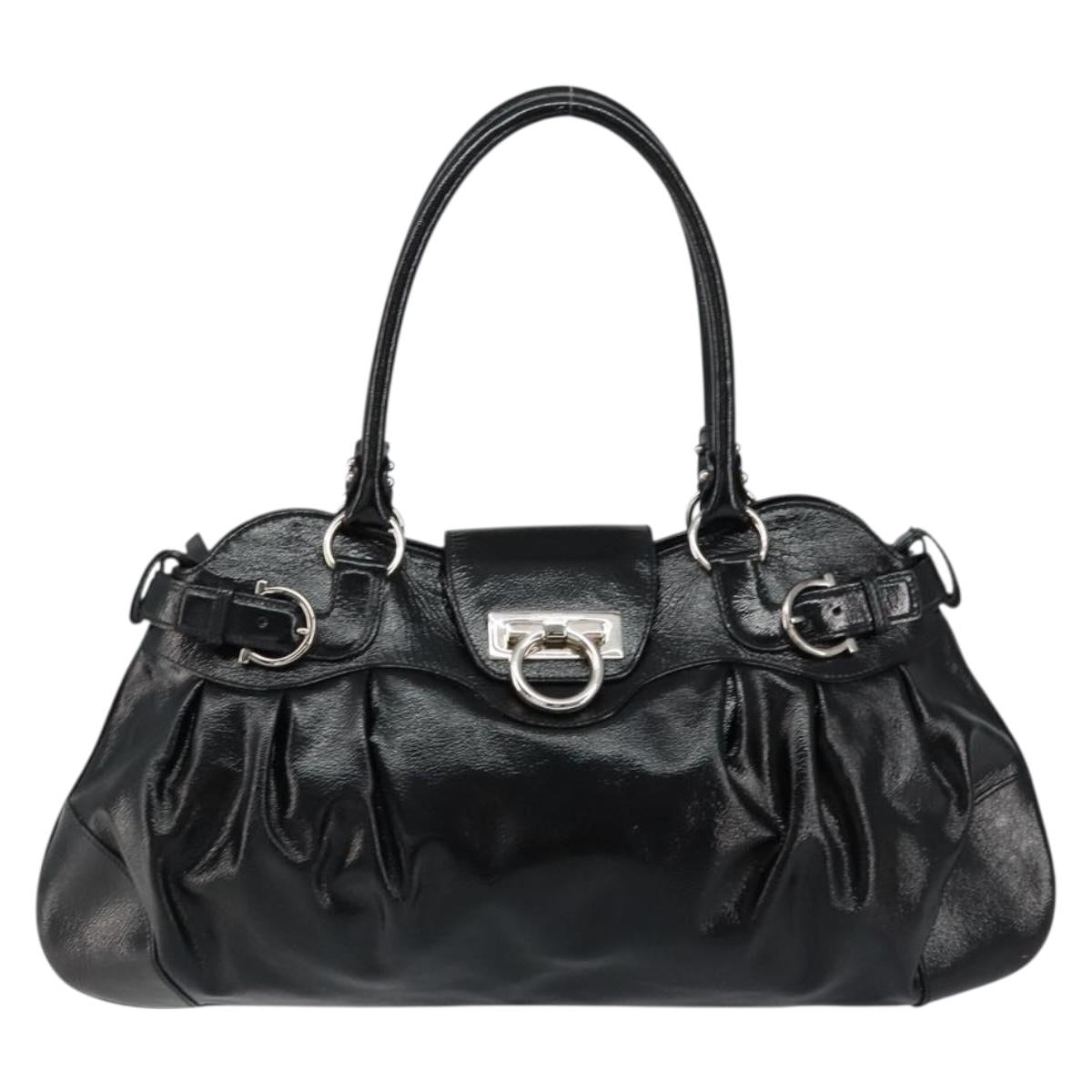 Salvatore Ferragamo Gancini Tote Bag Enamel Black Silver Auth BA8231