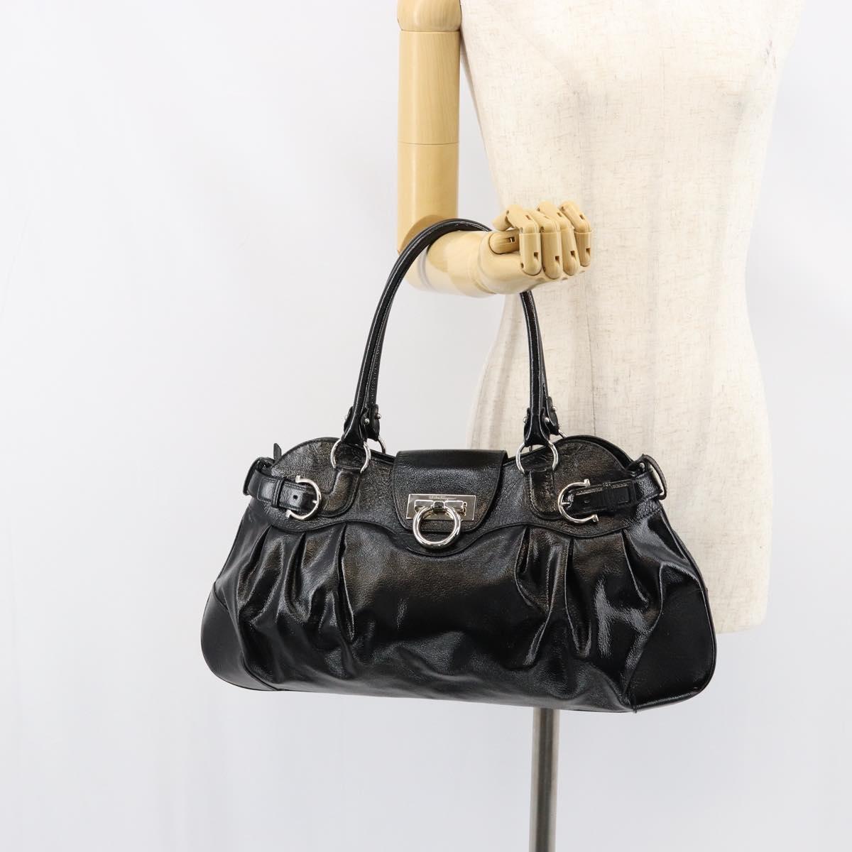 Salvatore Ferragamo Gancini Tote Bag Enamel Black Silver Auth BA8231