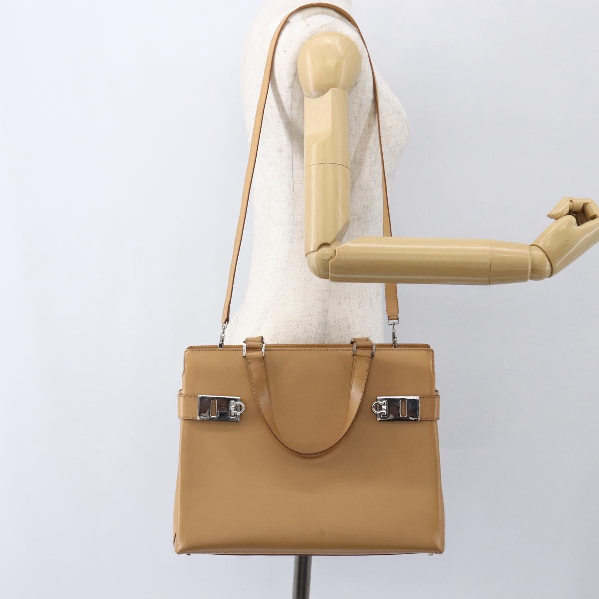 Salvatore Ferragamo Gancini Hand Bag Leather 2way Beige Silver Auth BA8232