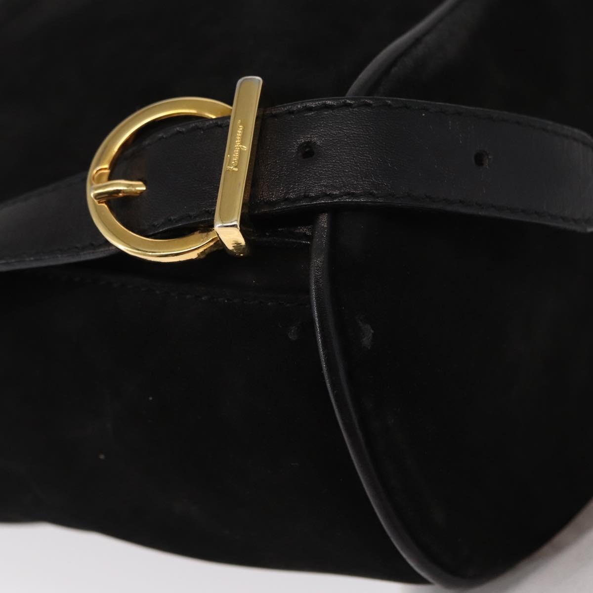 Salvatore Ferragamo Gancini Backpack Suede Black Gold Auth BA8233