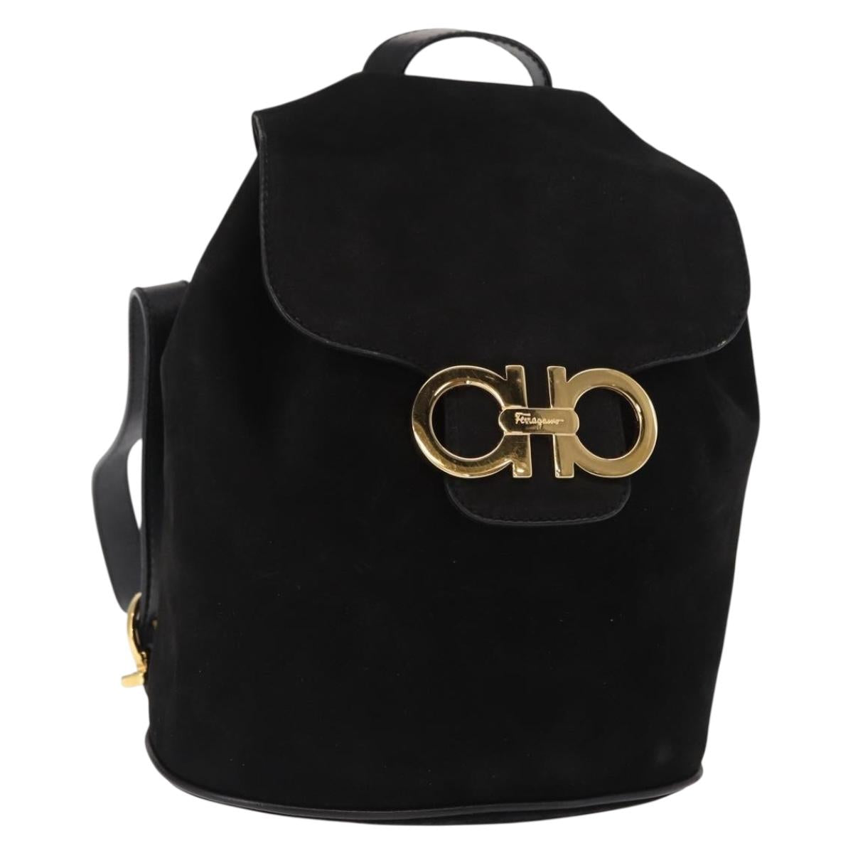 Salvatore Ferragamo Gancini Backpack Suede Black Gold Auth BA8233