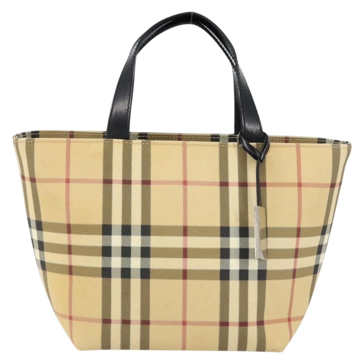 BURBERRY Nova Check Hand Bag PVC Beige Silver Auth BA8235