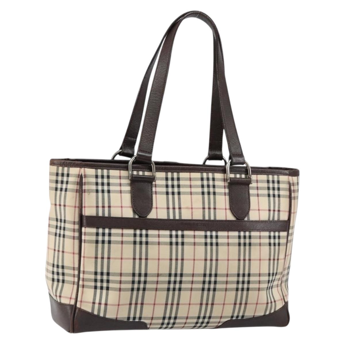 BURBERRY Nova Check Hand Bag Canvas Beige Silver Auth BA8237