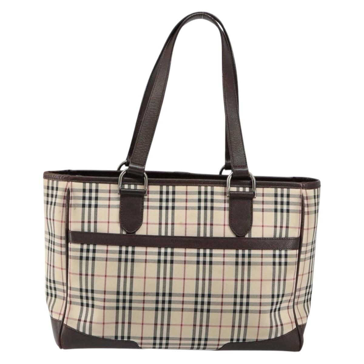 BURBERRY Nova Check Hand Bag Canvas Beige Silver Auth BA8237