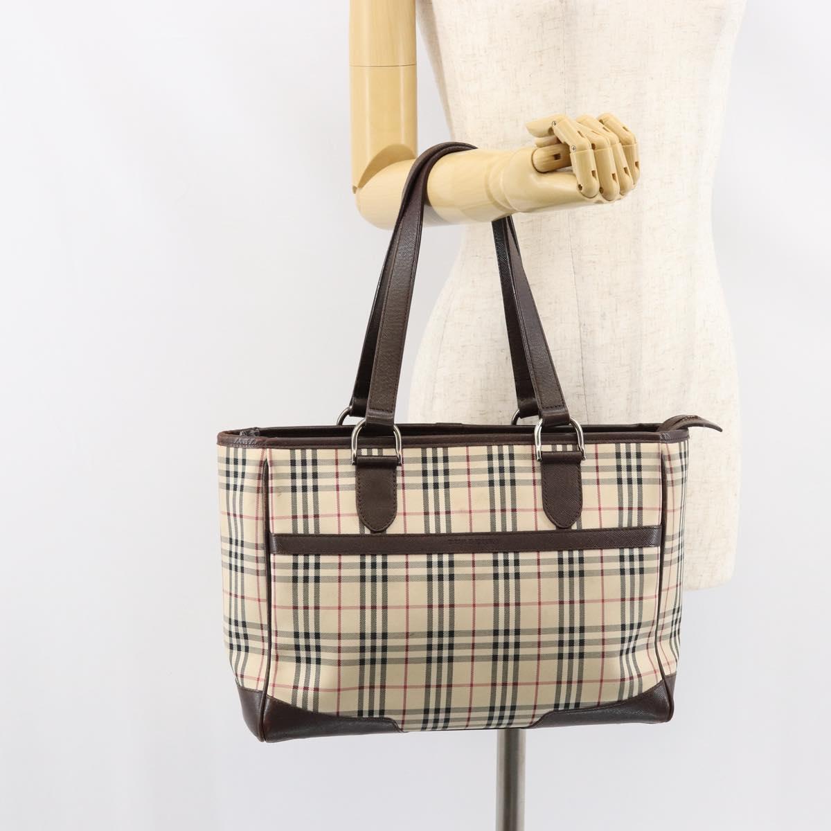 BURBERRY Nova Check Hand Bag Canvas Beige Silver Auth BA8237