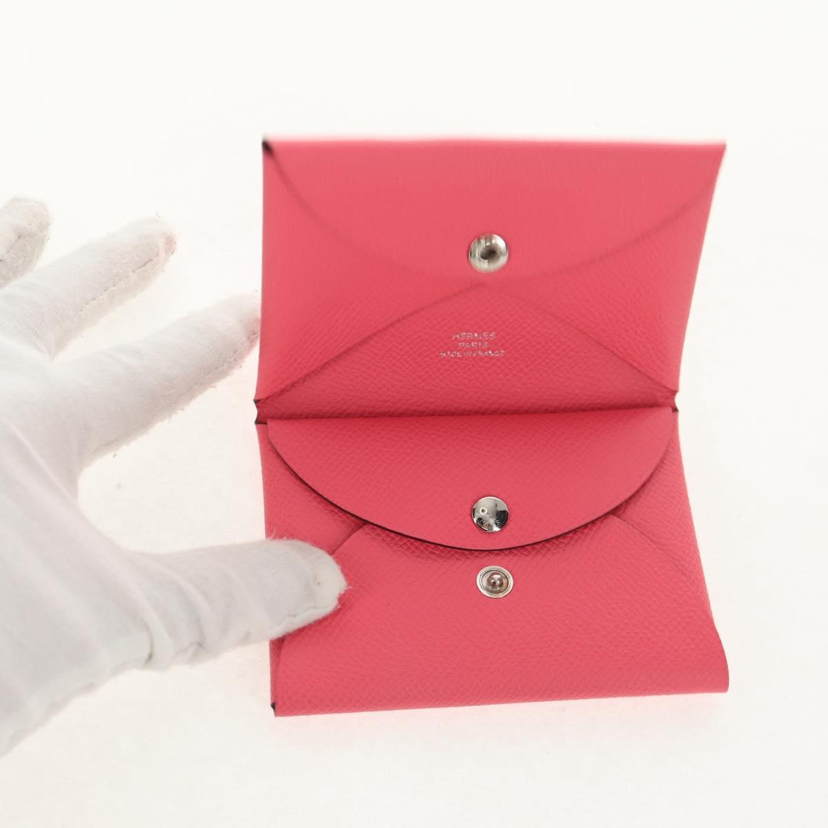HERMES Calvi Duo Coin Purse Leather Pink Silver Auth BA8242M