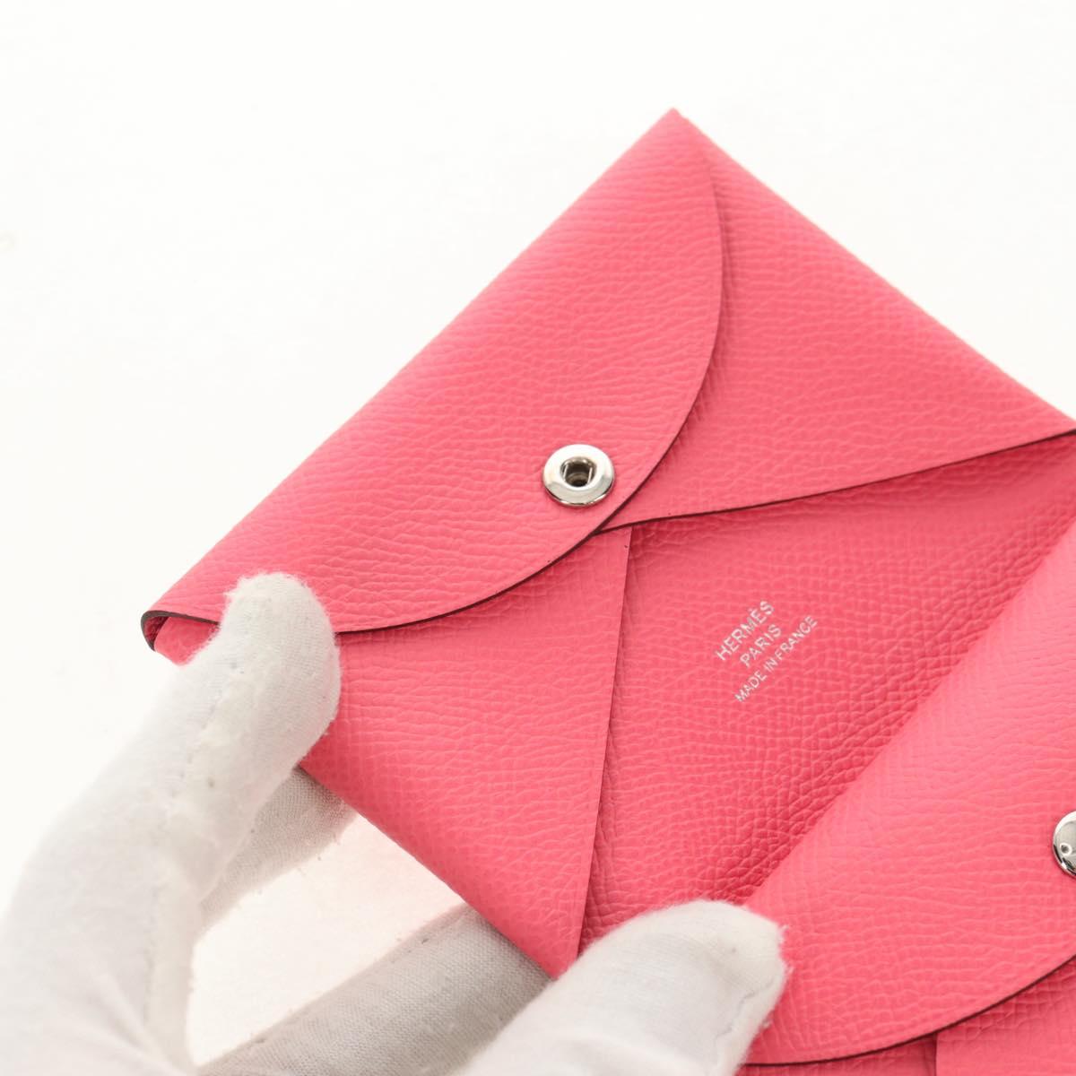 HERMES Calvi Duo Coin Purse Leather Pink Silver Auth BA8242M
