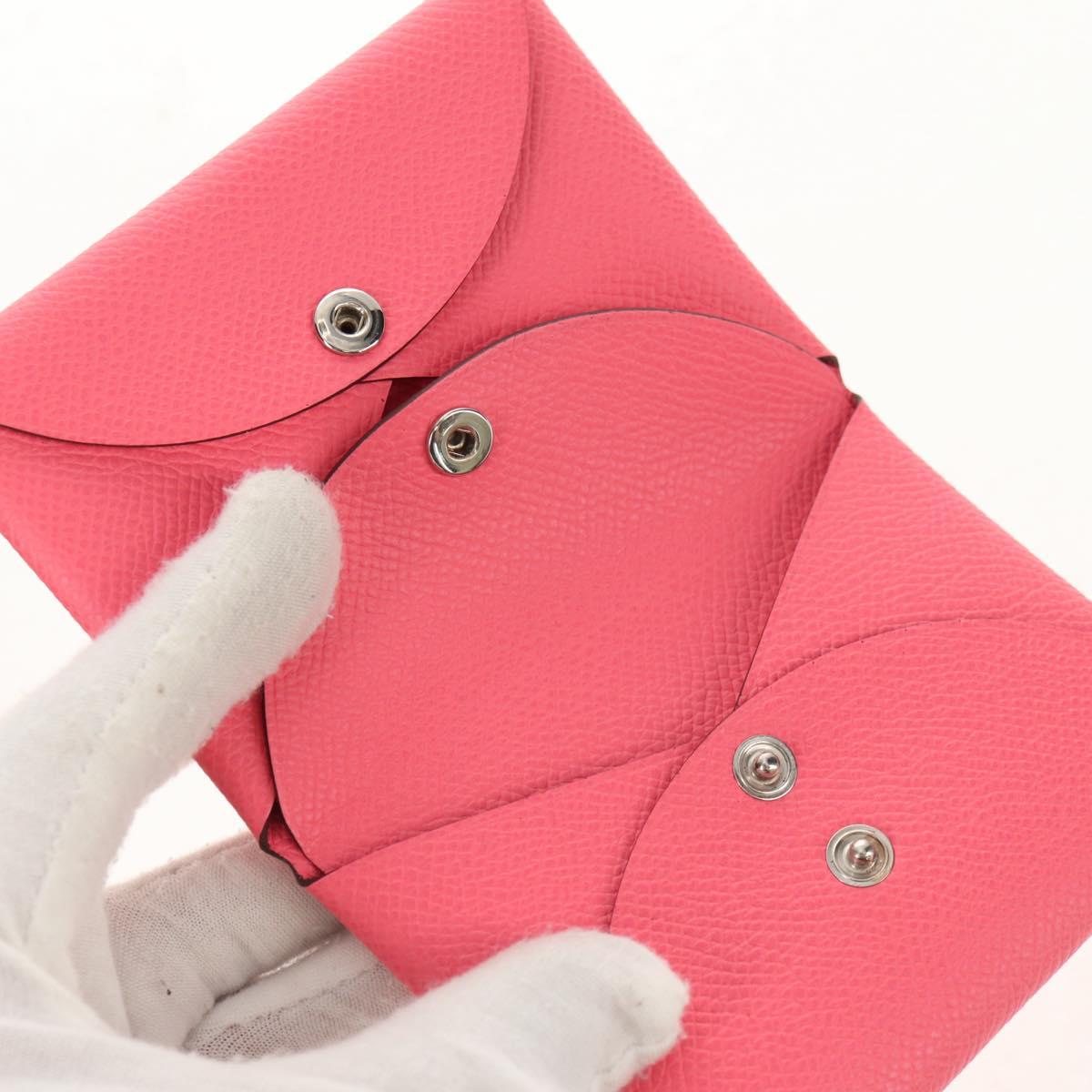 HERMES Calvi Duo Coin Purse Leather Pink Silver Auth BA8242M