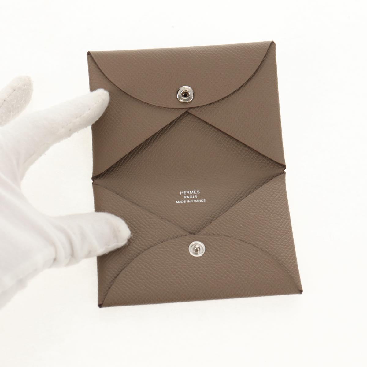 HERMES Calvi Coin Purse Leather Beige Silver Auth BA8243M