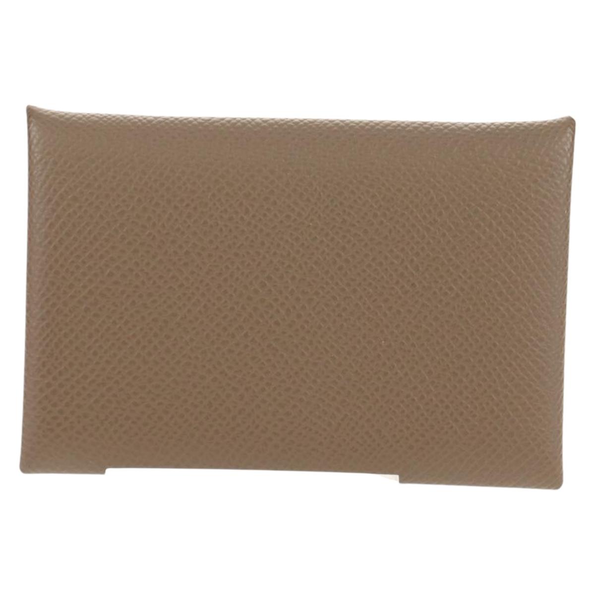 HERMES Calvi Coin Purse Leather Beige Silver Auth BA8243M