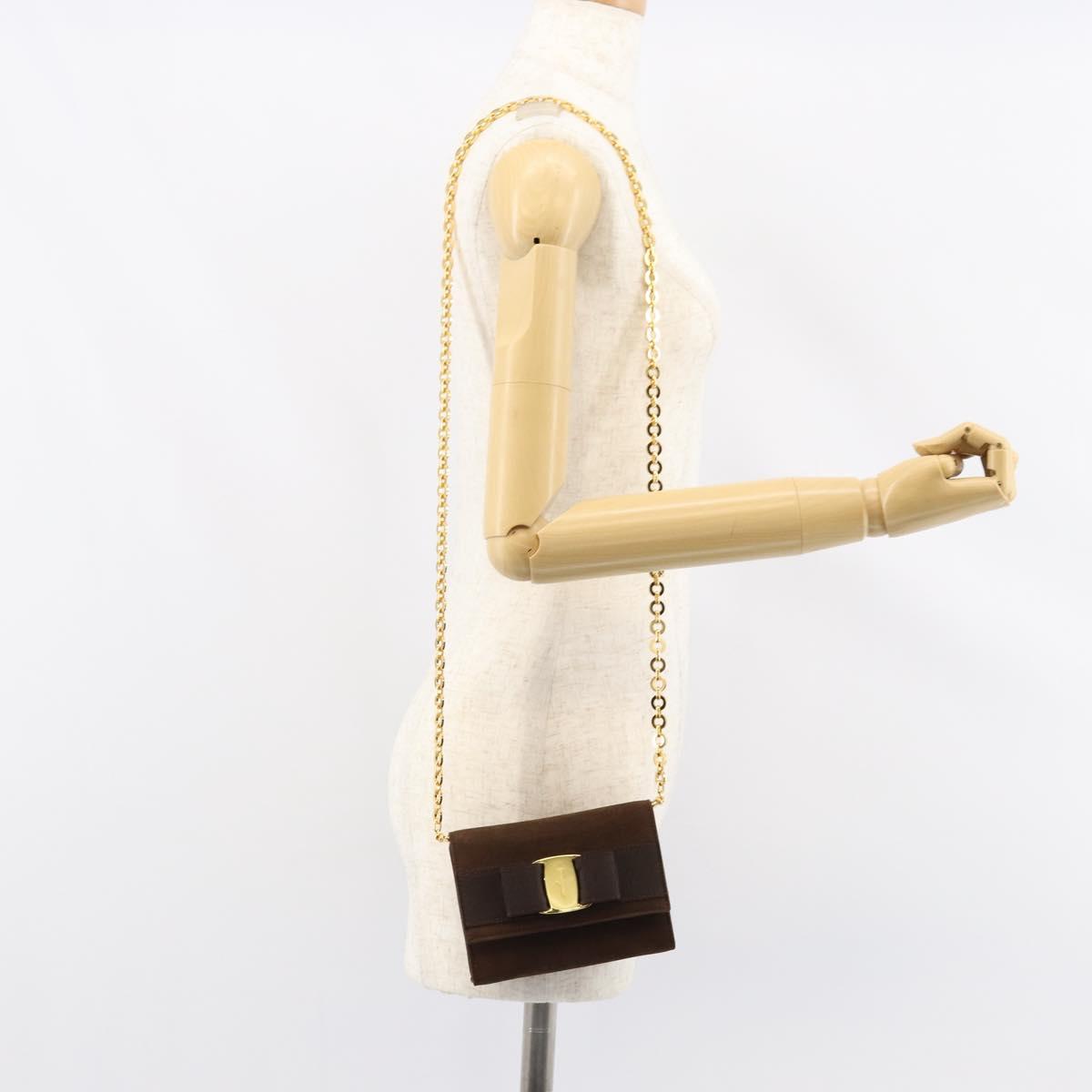 Salvatore Ferragamo Vala Chain Shoulder Bag Suede Brown Gold Auth BA8244