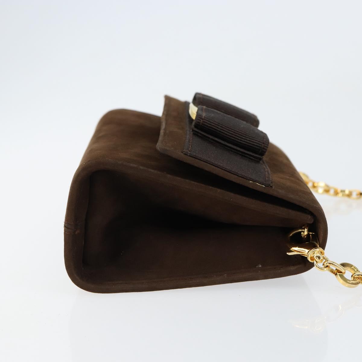 Salvatore Ferragamo Vala Chain Shoulder Bag Suede Brown Gold Auth BA8244