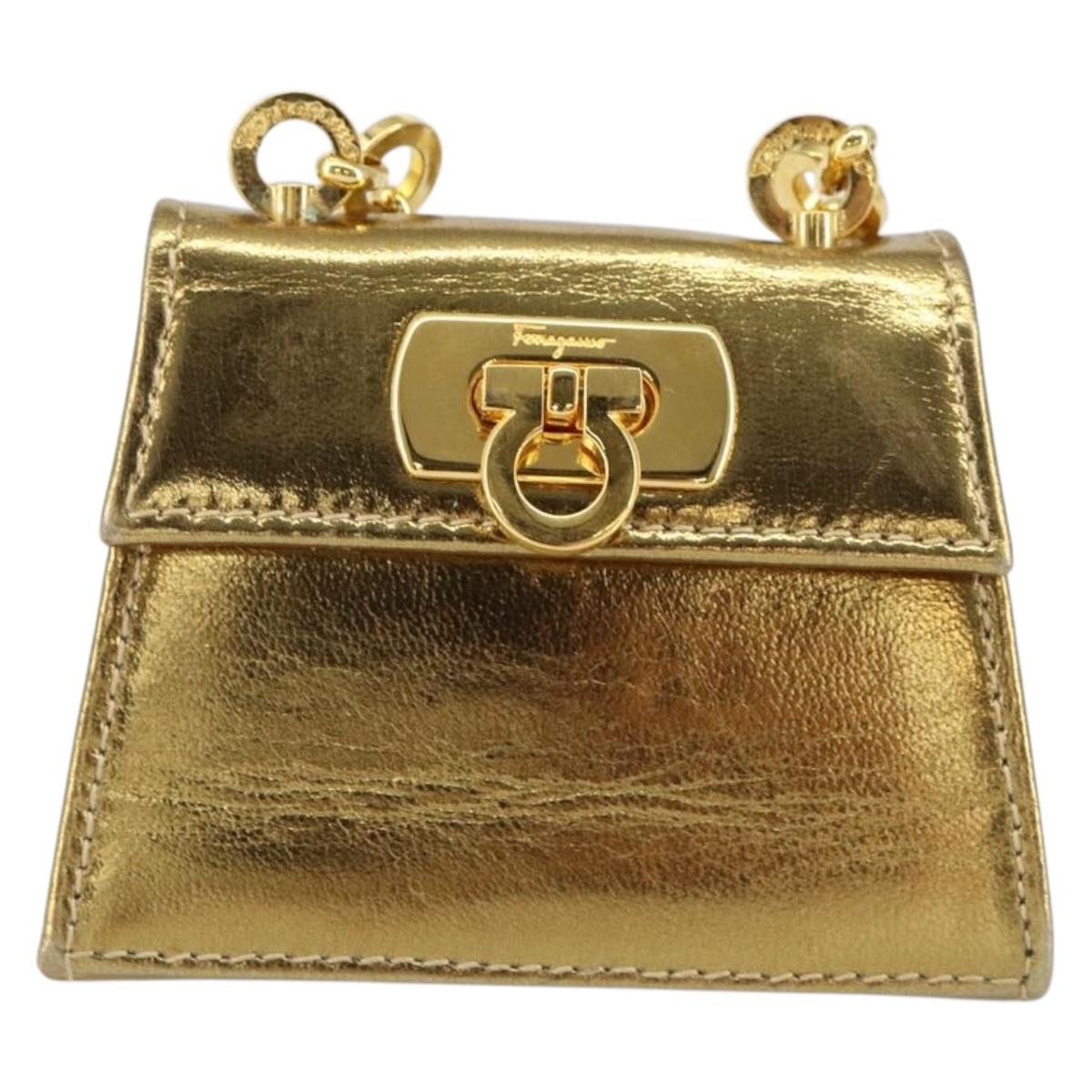 Salvatore Ferragamo Gancini Micro Chain Shoulder Bag Leather Gold Auth BA8245