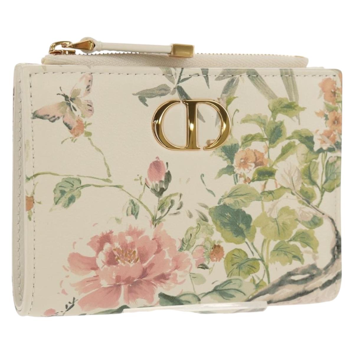 Christian Dior Caro Dahlia Bifold Wallet Leather White Gold Auth BA8247M