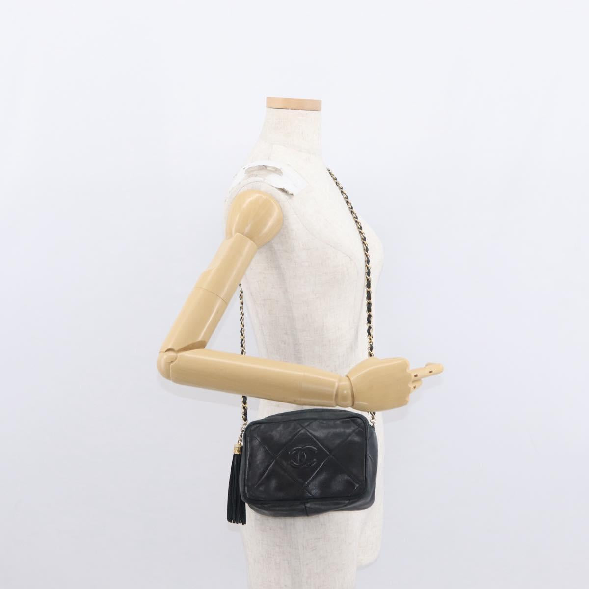 CHANEL Matelasse Chain Shoulder Bag Lamb Skin Black Gold CC Auth BA8251