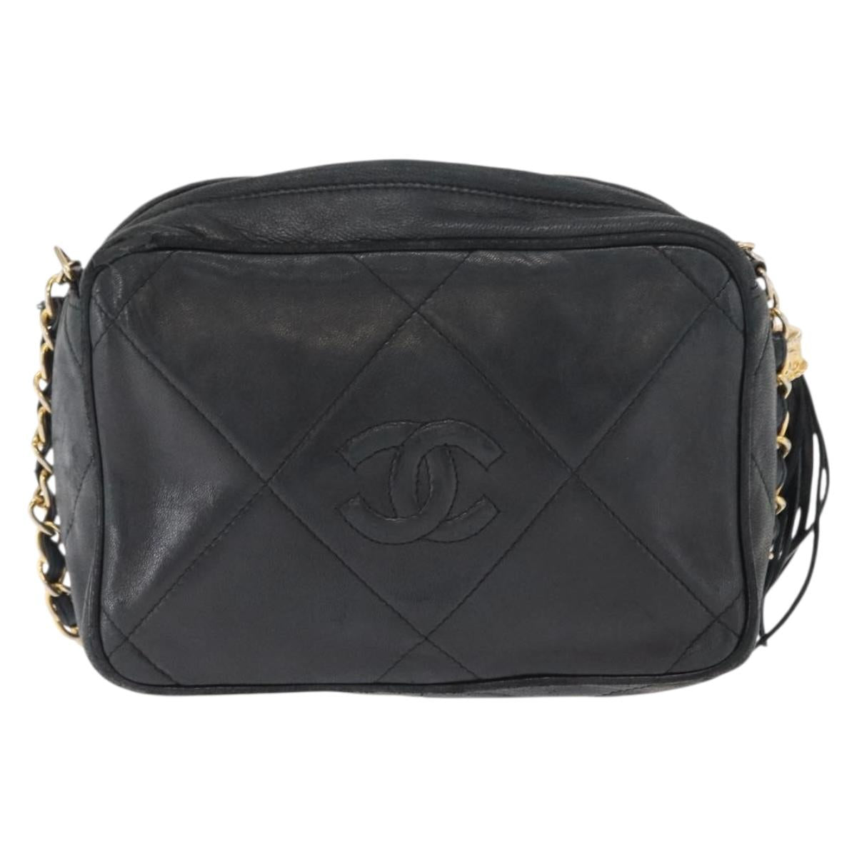 CHANEL Matelasse Chain Shoulder Bag Lamb Skin Black Gold CC Auth BA8251