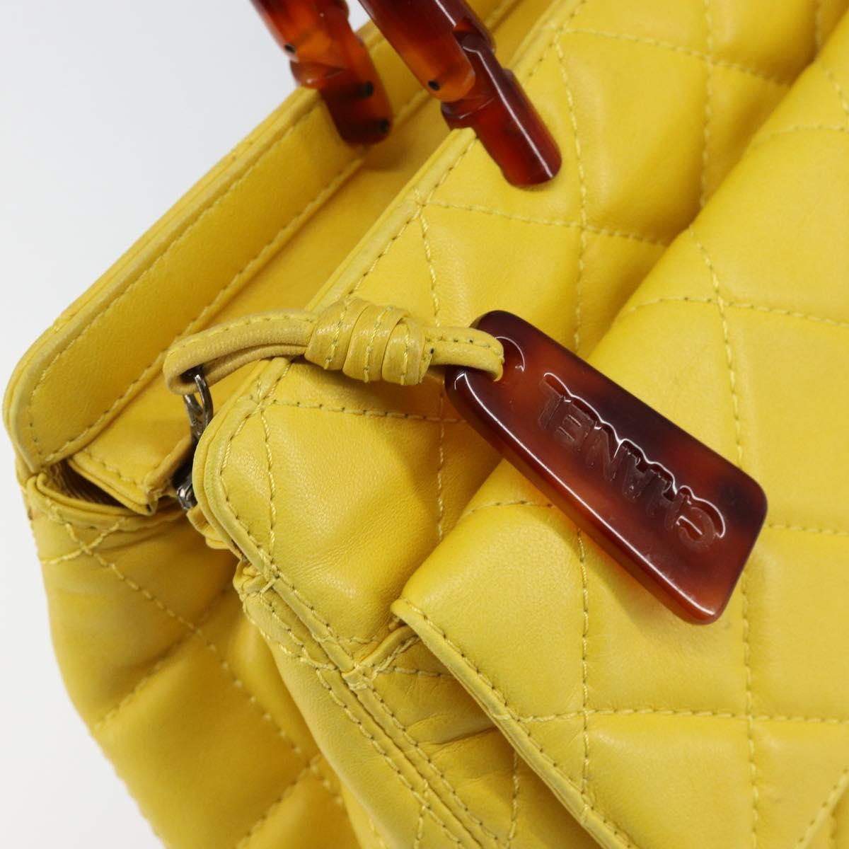 CHANEL Matelasse Hand Bag Lamb Skin Yellow CC Auth BA8254