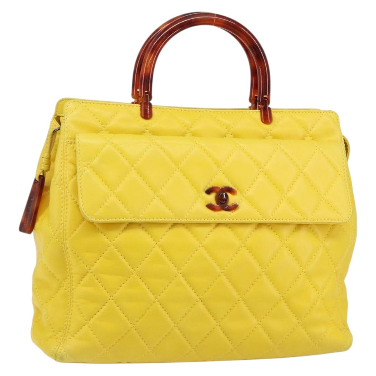 CHANEL Matelasse Hand Bag Lamb Skin Yellow CC Auth BA8254