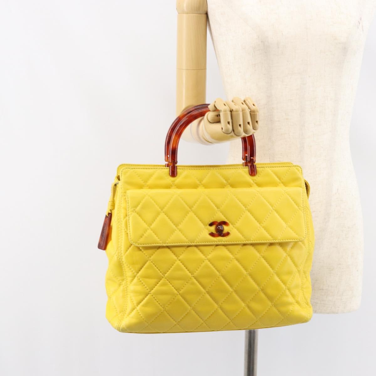 CHANEL Matelasse Hand Bag Lamb Skin Yellow CC Auth BA8254