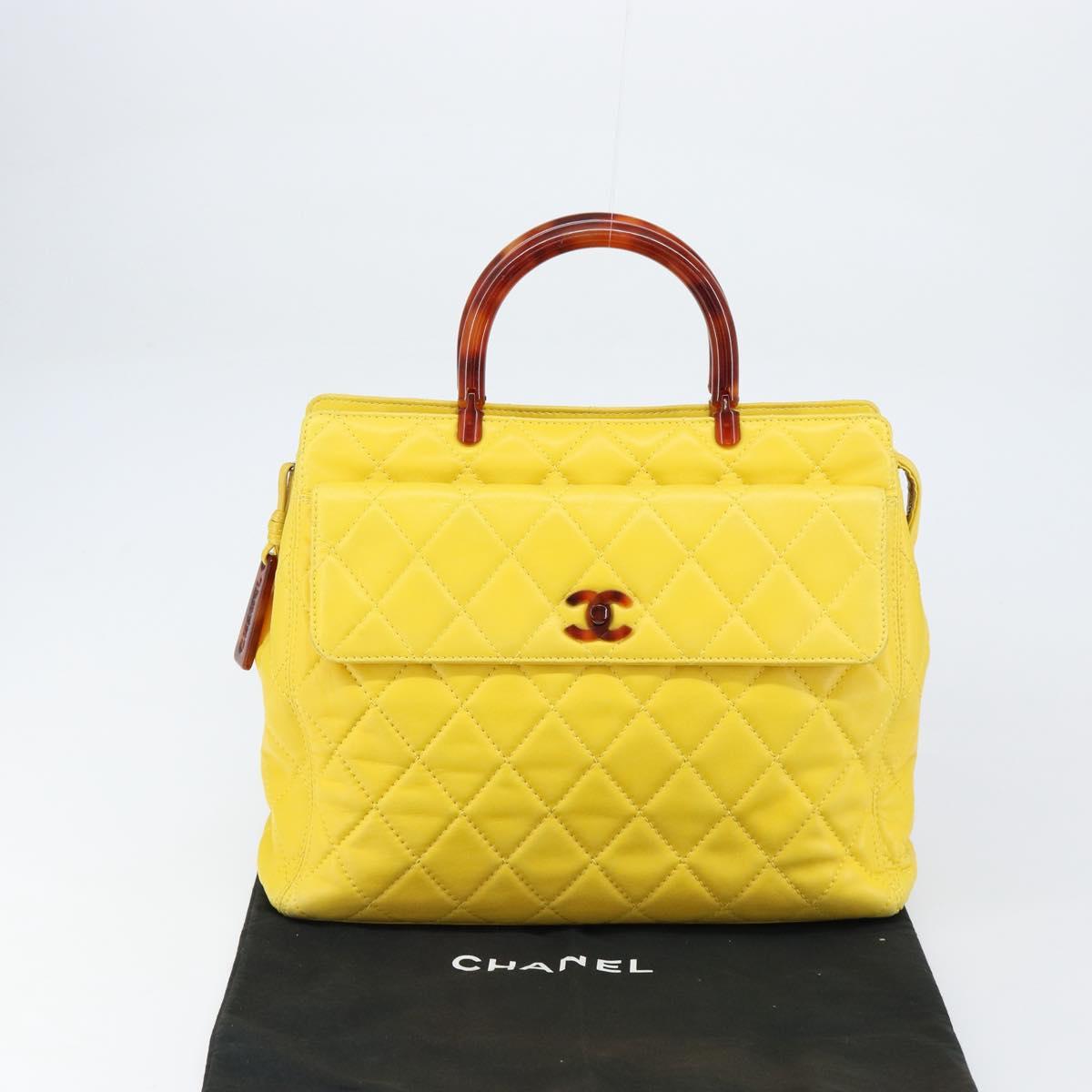 CHANEL Matelasse Hand Bag Lamb Skin Yellow CC Auth BA8254