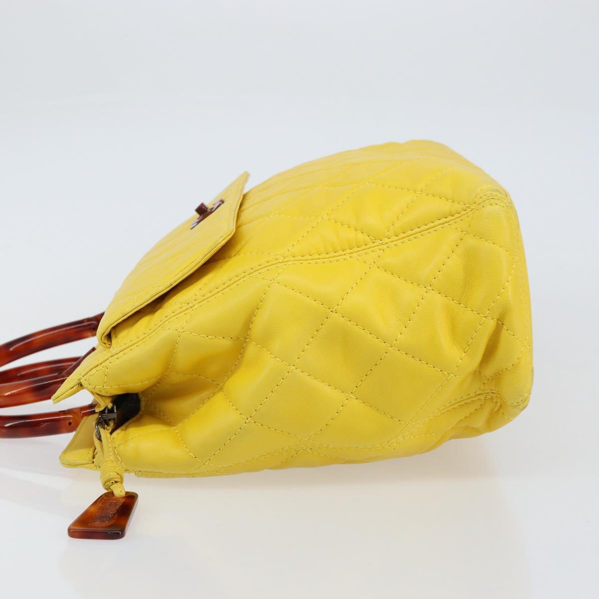 CHANEL Matelasse Hand Bag Lamb Skin Yellow CC Auth BA8254
