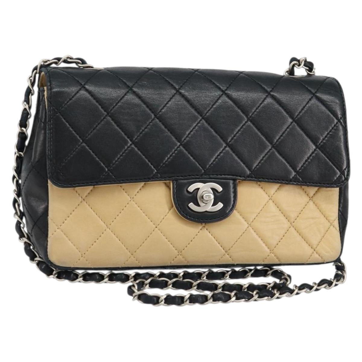 CHANEL Matelasse Chain Shoulder Bag Lamb Skin Beige Black CC Auth BA8256