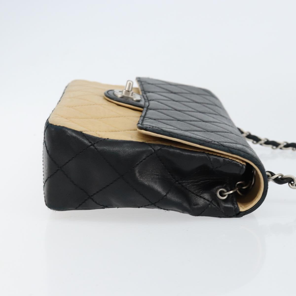 CHANEL Matelasse Chain Shoulder Bag Lamb Skin Beige Black CC Auth BA8256