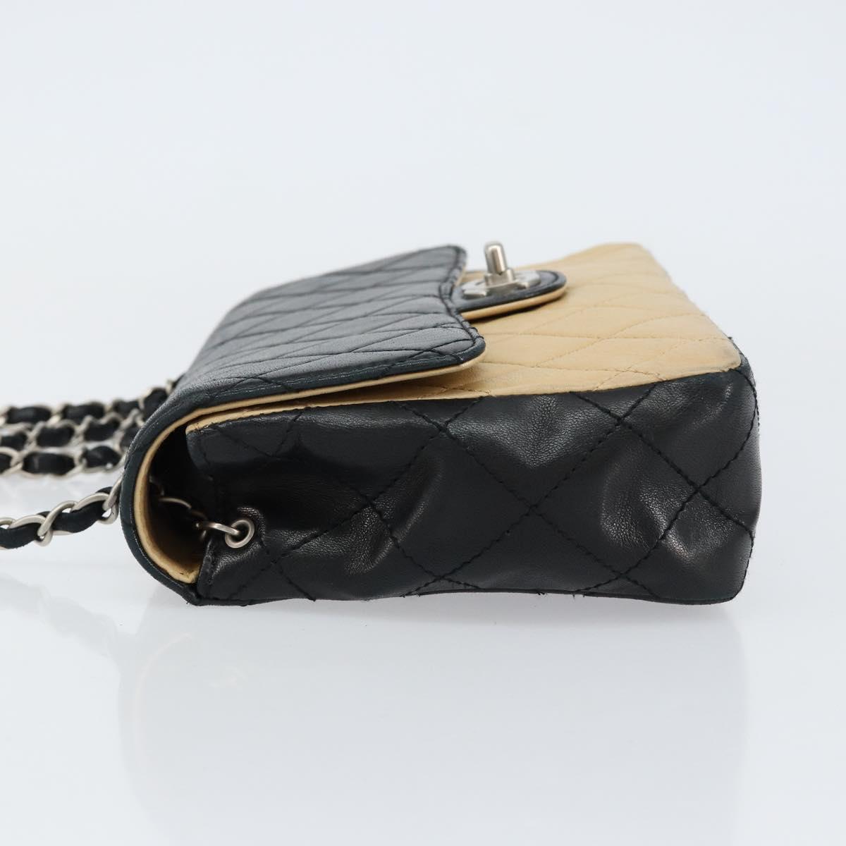 CHANEL Matelasse Chain Shoulder Bag Lamb Skin Beige Black CC Auth BA8256