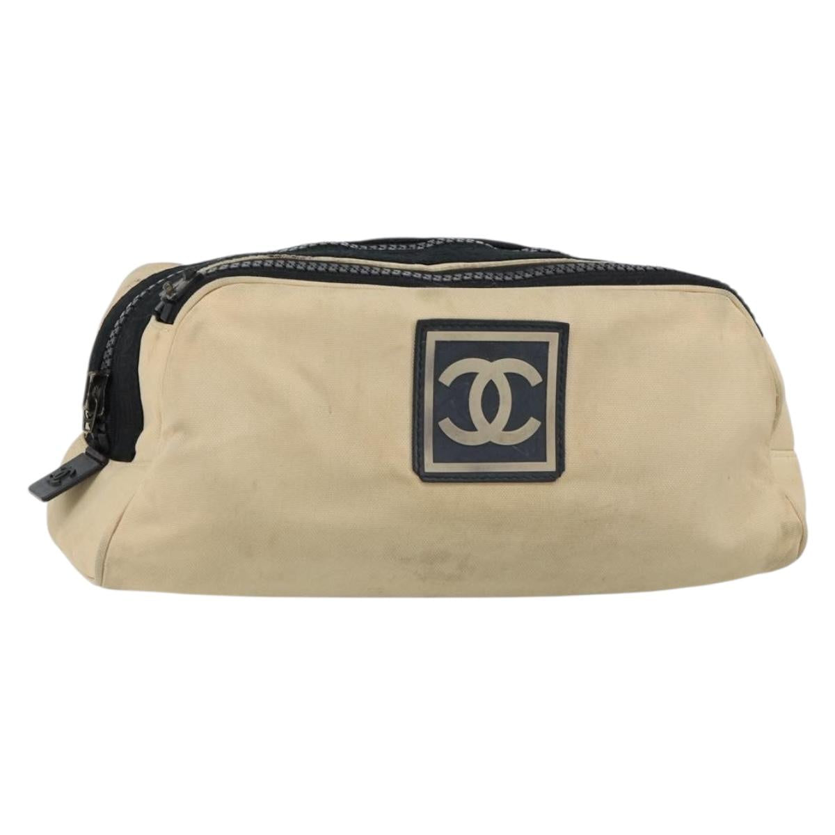 CHANEL Sports Clutch Bag Nylon Beige Black CC Auth BA8257
