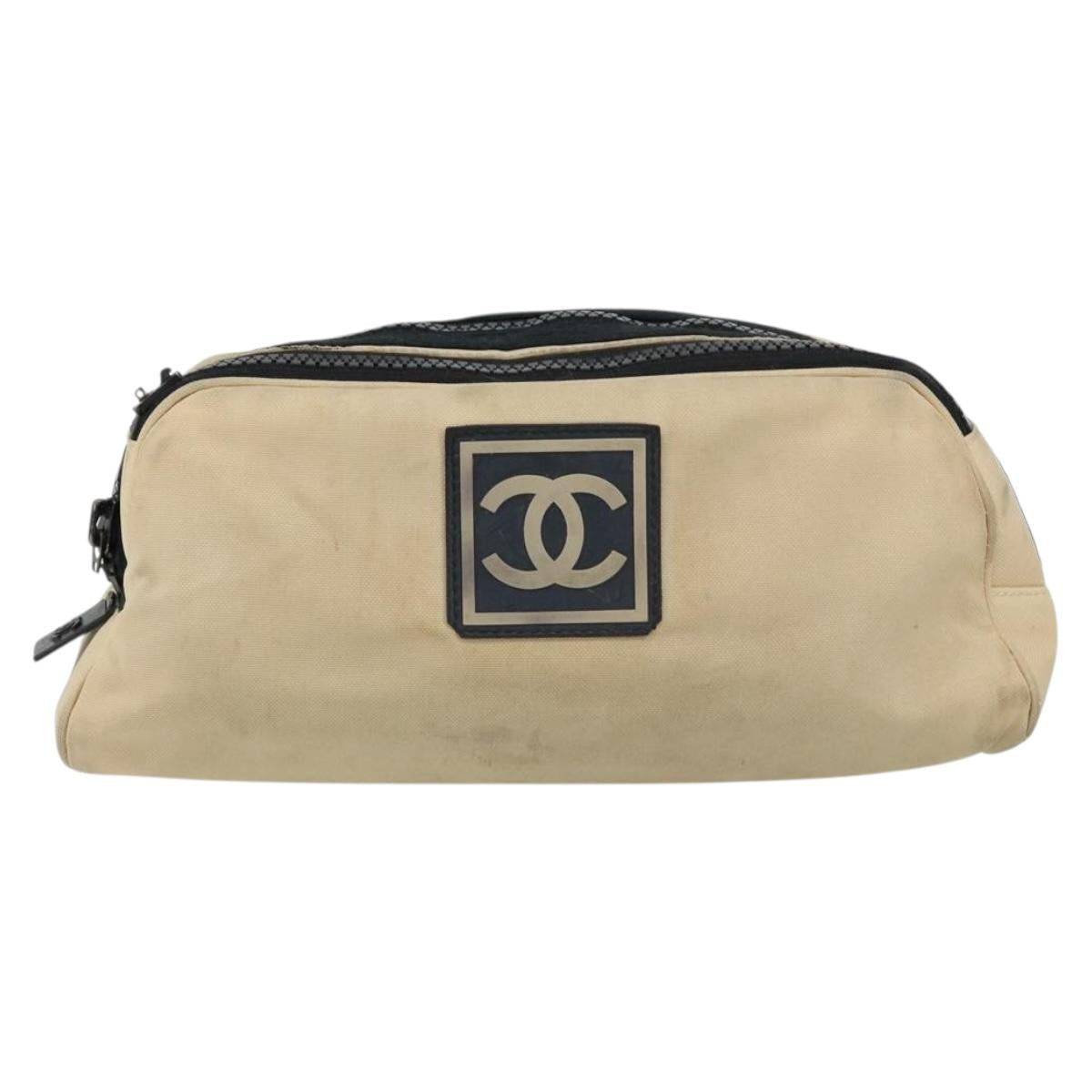 CHANEL Sports Clutch Bag Nylon Beige Black CC Auth BA8257