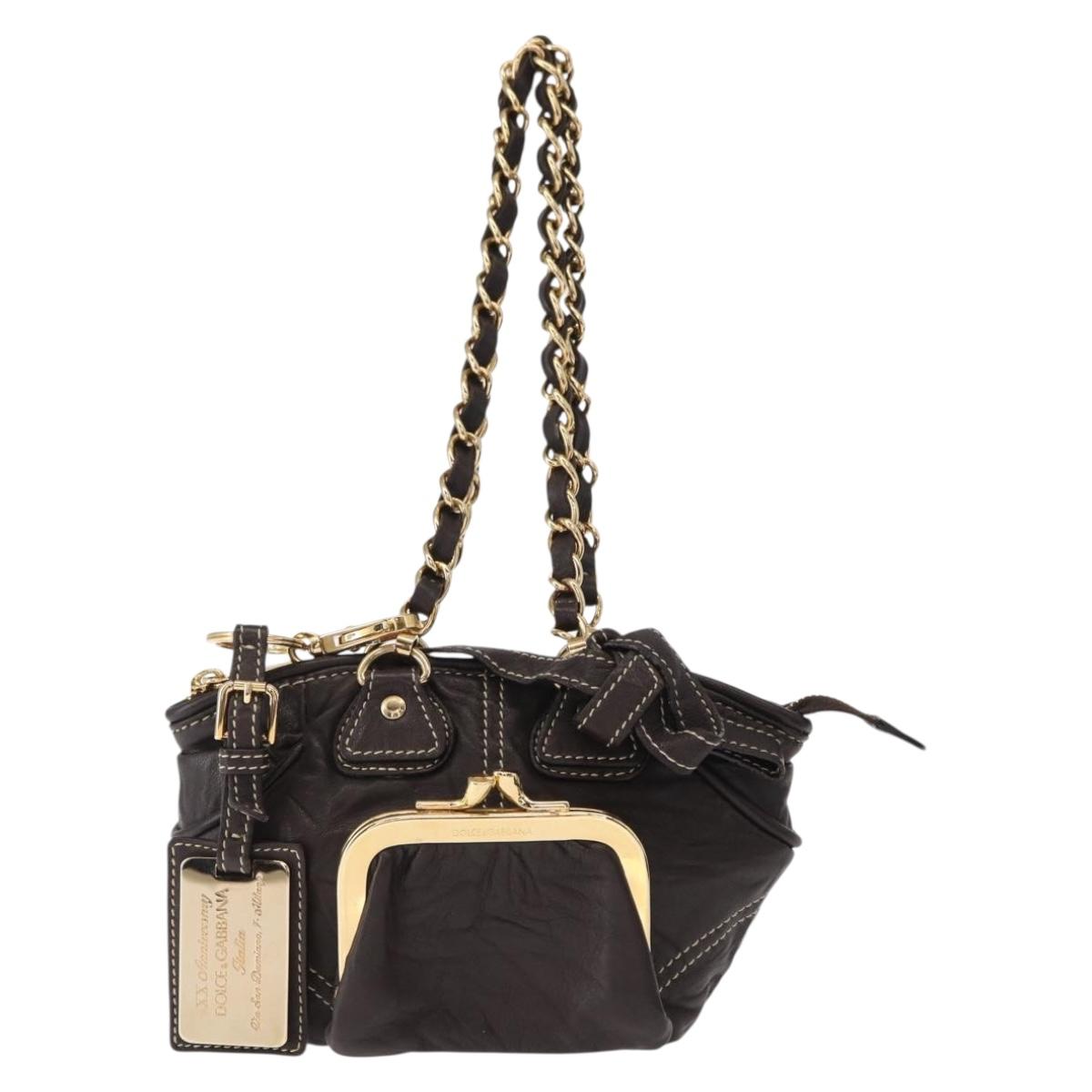 DOLCE&GABBANA Chain Shoulder Bag Leather Brown Gold Auth BA8263