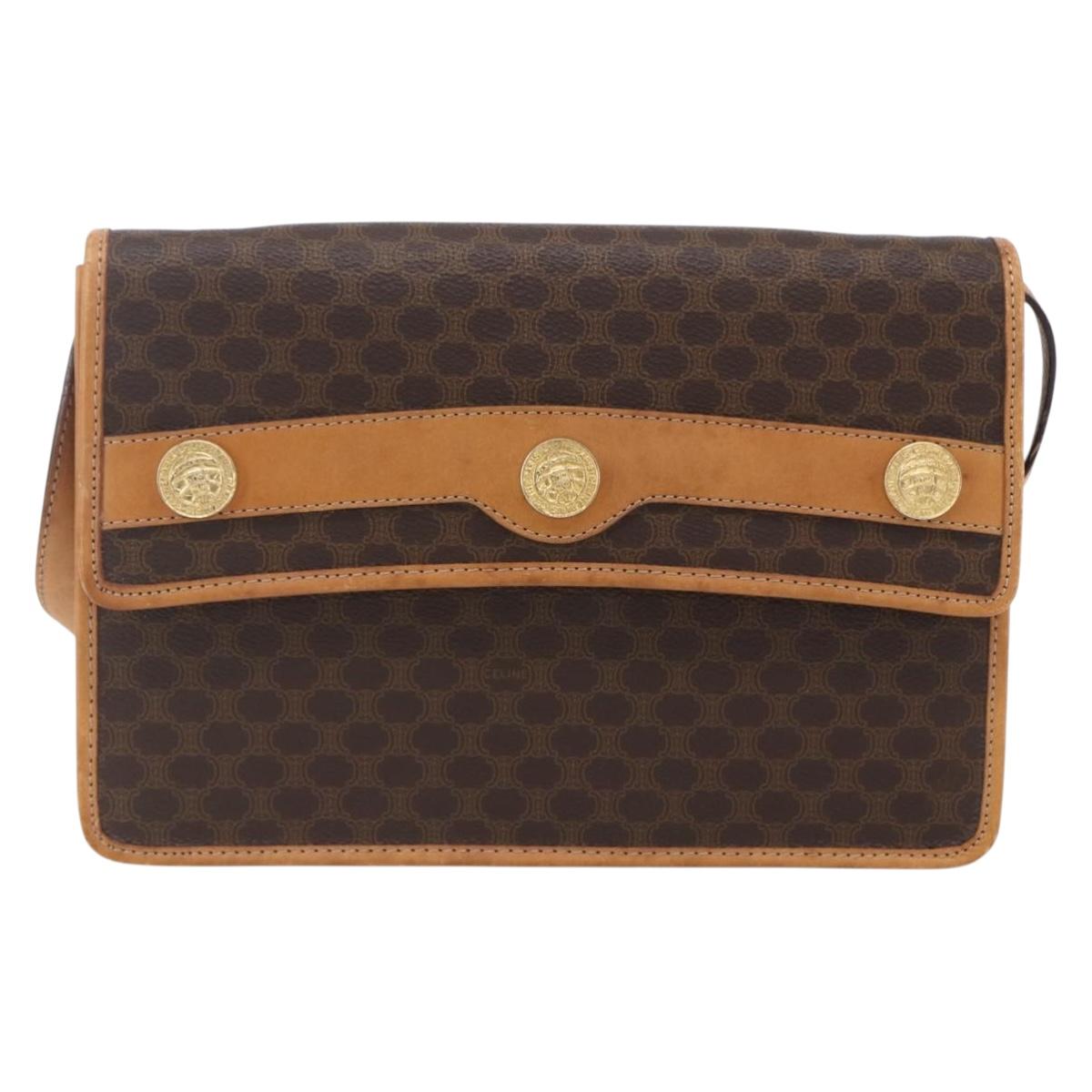 CELINE Macadam Canvas Shoulder Bag PVC Leather Brown Gold Auth BA8389